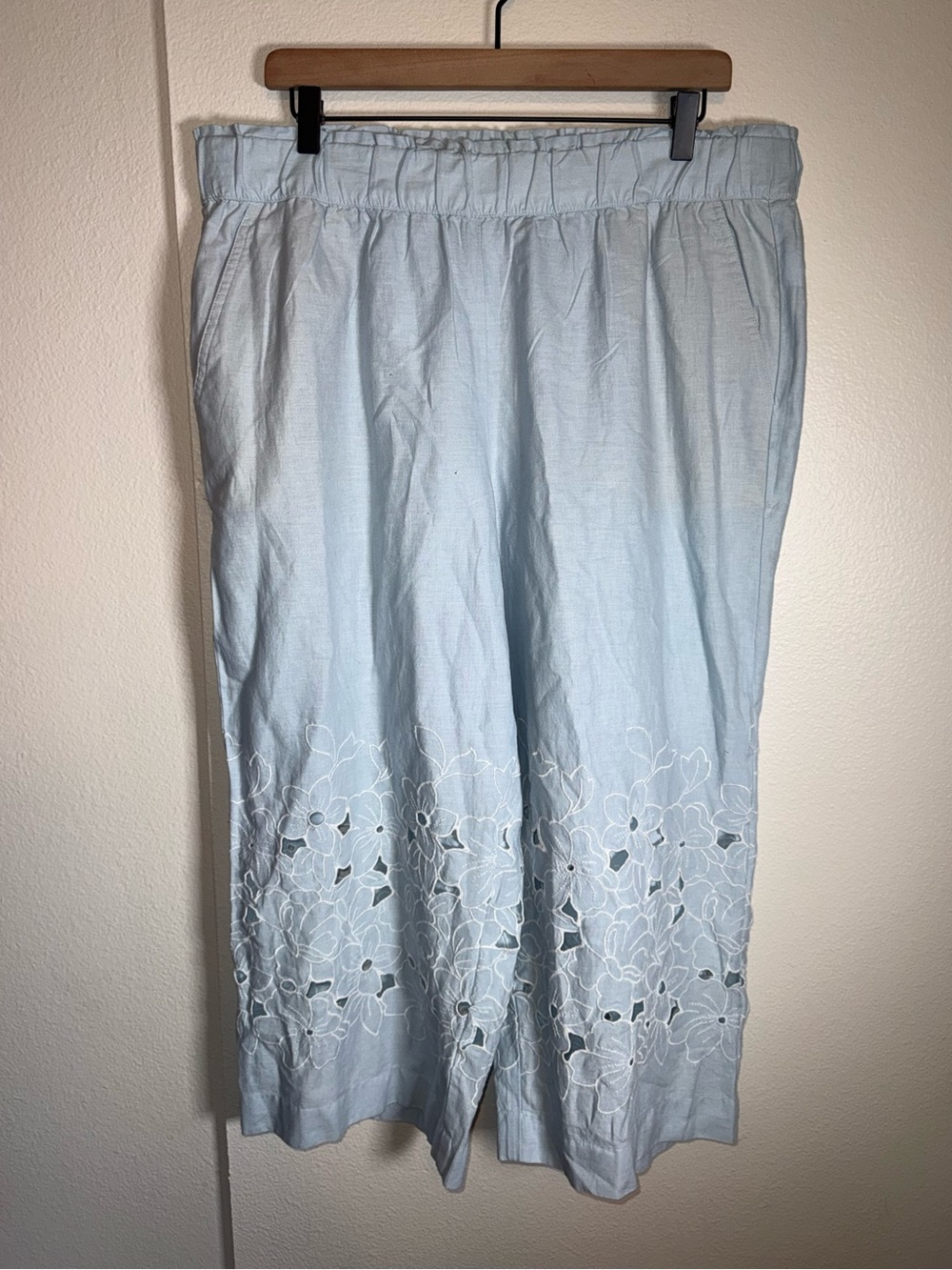 TALBOTS linen blend lightweight robin egg blue floral lace crop Culotte pants XL - Picture 5 of 7